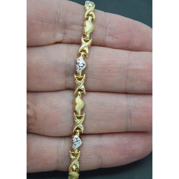 Real 10K Solid Two-tone Shiny Gold 7 XO Love Heart Charm Bracelet 4.4 gr